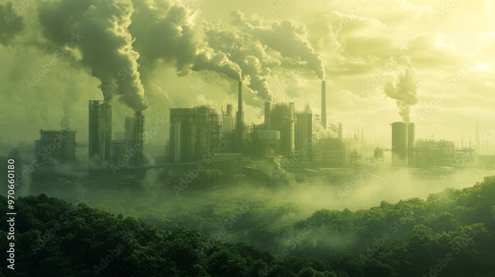 Fototapeta premium Pollution from industrial plants affecting nearby natural landscapes