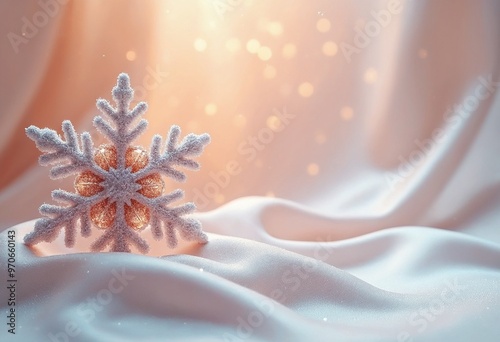 A shiny snowy decoration on a silk background, copy space on a side photo