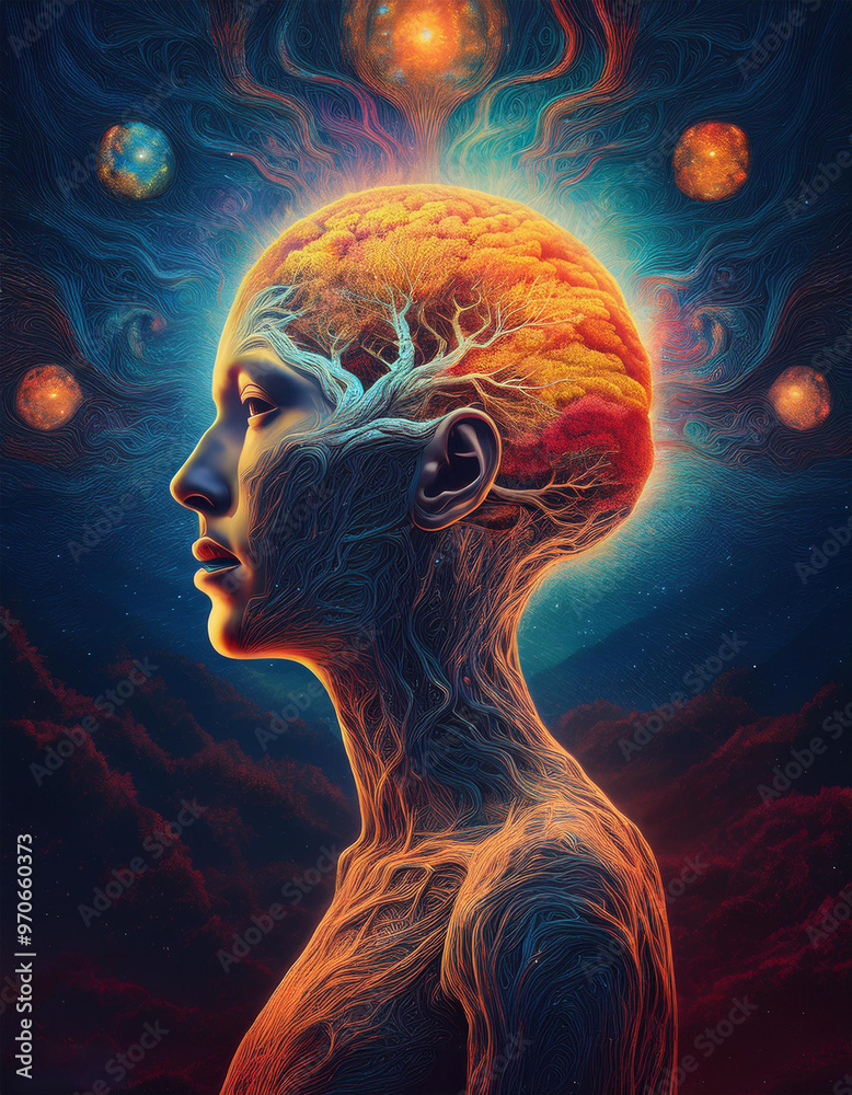 A surreal portrait of a human head with a tree growing inside. The colors are vibrant and the overall effect is dreamlike. A surreal portrait of a human head with a tree growing inside. The colors are vibrant and the overall effect is dreamlike.