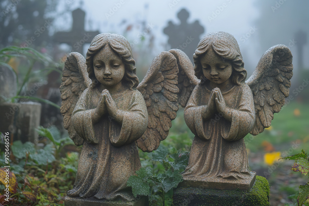 Misty Morning with Stone Angels in Cemetery on Day of the Dead Misty Morning with Stone Angels in Cemetery on Day of the Dead