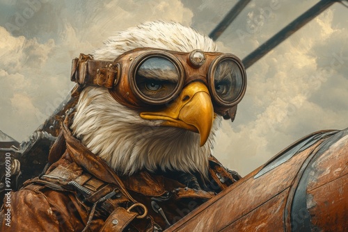 Steampunk Eagle Pilot with Goggles and Leather Jacket in a Vintage Airplane Setting Image photo