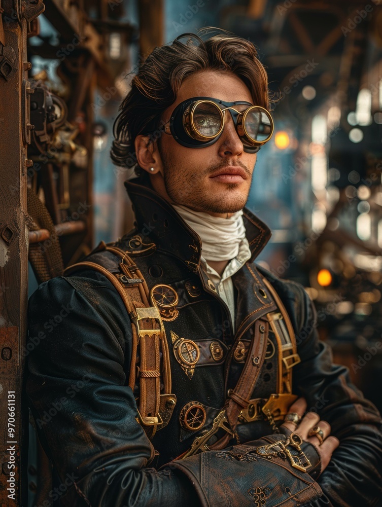 Fototapeta premium A man wearing steampunk goggles and a leather jacket adorned with gears and other intricate details. AI.
