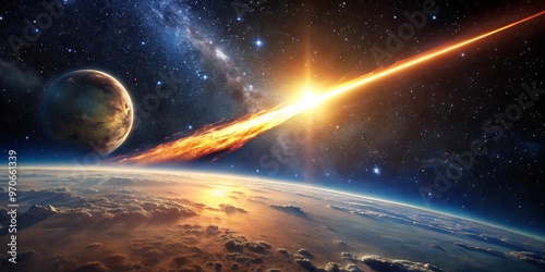 a falling meteor with fire trail moving in space