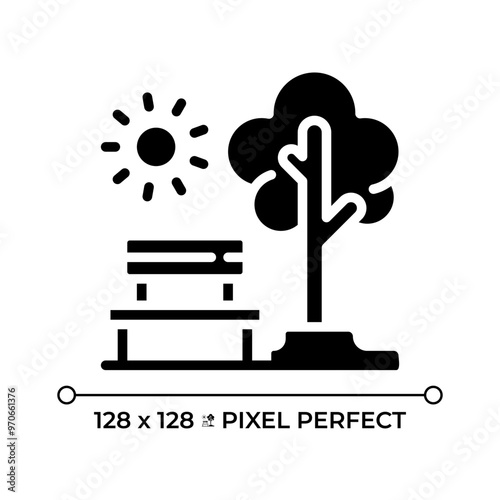 Green public spaces black glyph icon. Public park bench and tree. Outdoor recreation. Urban park. Nature landscape. Silhouette symbol on white space. Solid pictogram. Vector isolated illustration