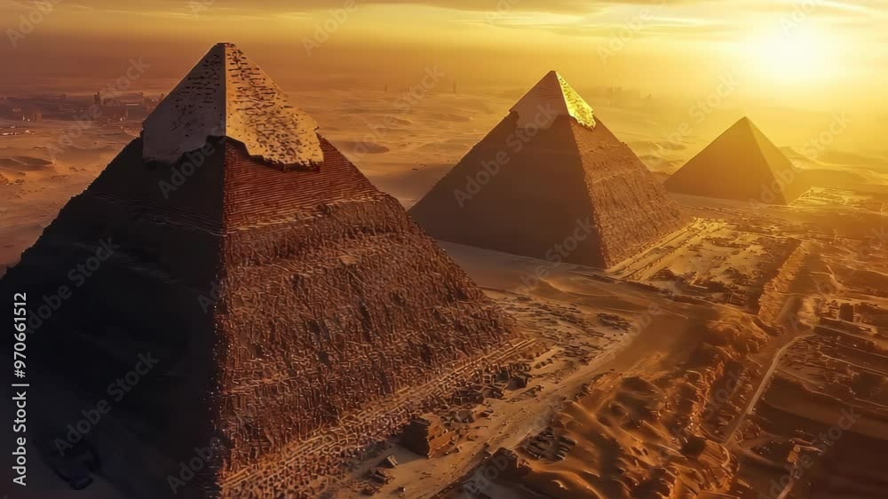 A breathtaking view of the pyramids at sunset, highlighting ancient architecture and desert landscape.