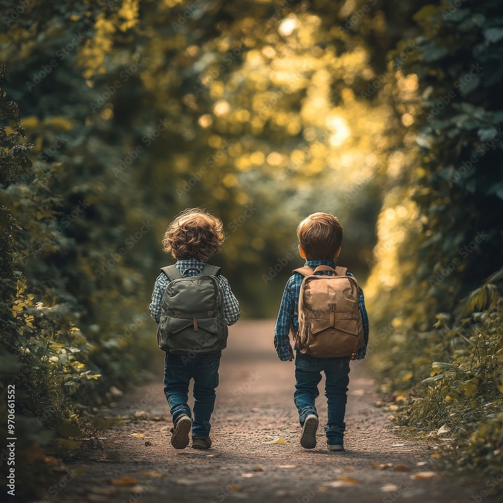 Rear View of Kids Walking with Backpacks to School