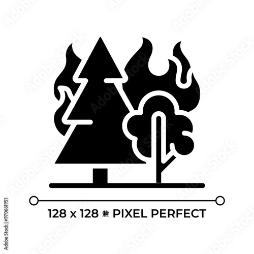 Forest fire black glyph icon. Wildfire. Burning trees and flames. Nature disaster. Deforestation. Forest destruction. Silhouette symbol on white space. Solid pictogram. Vector isolated illustration