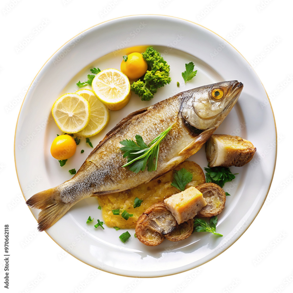 A dish of fish hard bread top view isolated on transparent background. A dish of fish hard bread top view isolated on transparent background.