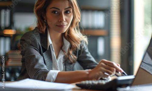 Focused Professional Woman Accountant Calculating Business Data, Financial Reports on Laptop at Office Desk - Concept: Accounting, Budget Analysis, Management