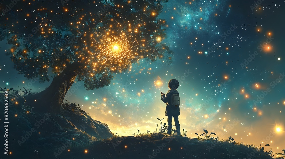 Mystical figure planting star seeds in the ethereal night sky watching cosmic constellations bloom Mystical figure planting star seeds in the ethereal night sky watching cosmic constellations bloom