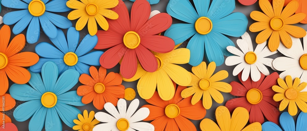 A flower power collage featuring groovy cartoon hippies surrounded by bright, oversized flowers A flower power collage featuring groovy cartoon hippies surrounded by bright, oversized flowers