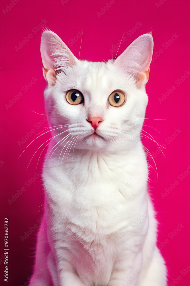 Close-up of a white cat standing and staring at the camera against a pink background Close-up of a white cat standing and staring at the camera against a pink background