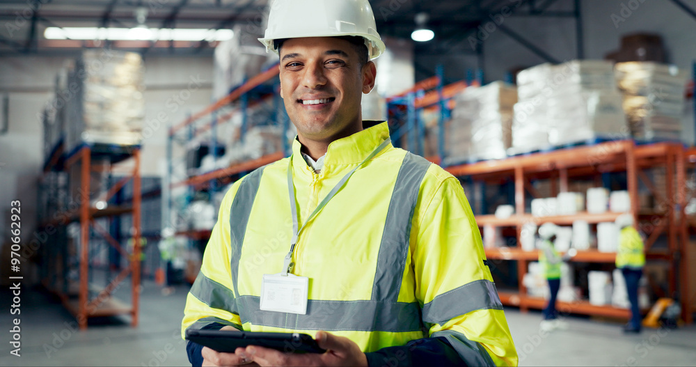 Portrait, tablet and supply chain with man in warehouse for logistics, freight or shipping. Export, delivery or cargo storage with digital checklist for customs compliance in inventory management