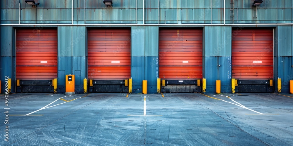 Gates for loading merchandise at the entrance ramps of a spacious distribution center Gates for loading merchandise at the entrance ramps of a spacious distribution center
