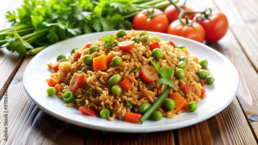 Veg fried rice, appetizing mood, served on a plate with tomatoes, wooden table background
Veg fried rice, appetizing mood, served on a plate with tomatoes, wooden table background