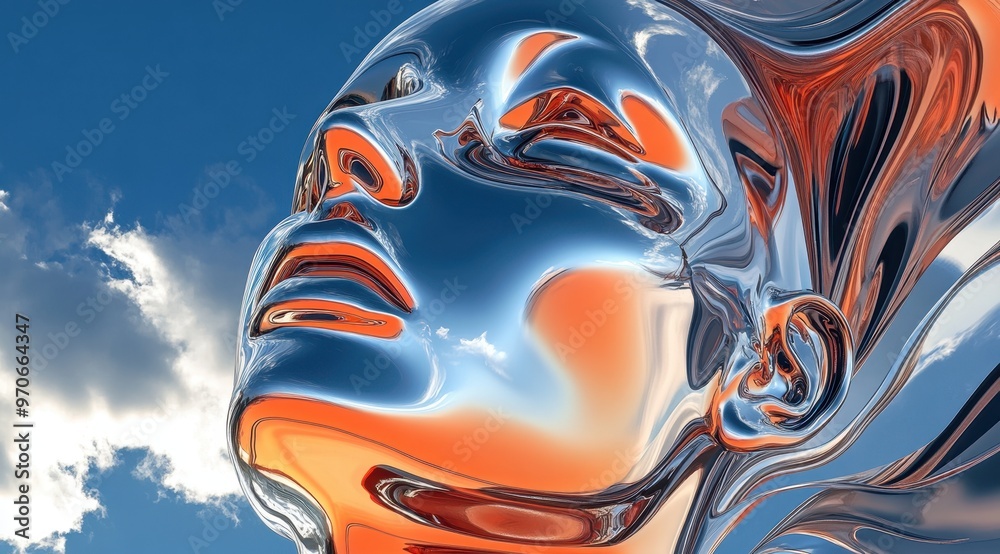 Obraz premium Abstract chrome and copper woman face on a blue sky background, 3D rendering illustration. copy space