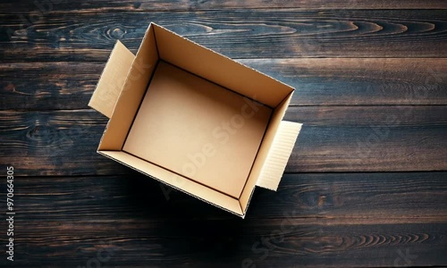 Empty Cardboard Box on Wooden Background photo