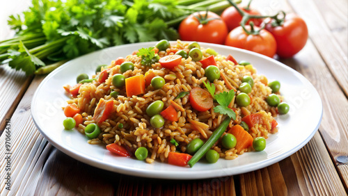 Veg fried rice, appetizing mood, served on a plate with tomatoes, wooden table background 