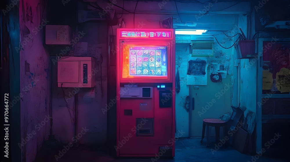 Retro Coin Operated Fortune Teller Machine Evoking Mystical Ambiance in Dimly Lit Amusement Arcade Retro Coin Operated Fortune Teller Machine Evoking Mystical Ambiance in Dimly Lit Amusement Arcade