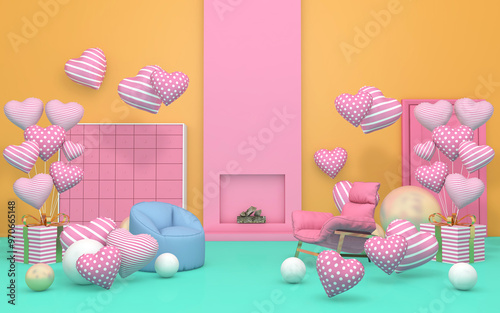 Colorful balloons flying in the room. 3D illustration, 3D rendering 