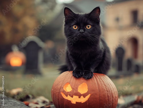 Halloween cat with pumpkin. A black cat sitting on a pumpkin with a creepy graveyard in the background. photo