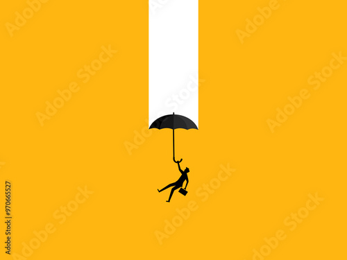 Helping to support a business crisis. businessman falls from a height with a parachute supporting him