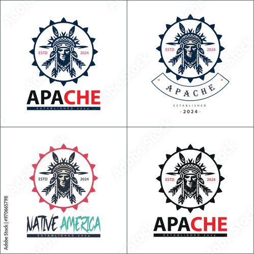 Apache indian aztec native american warrior tribes face head logo set silhouette template design