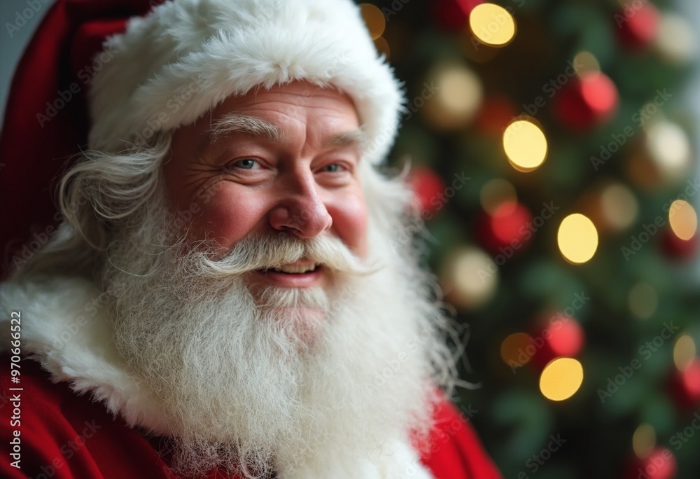 Close-up portrait of smiling Santa Claus, in the blurred background a Christmas tree, copy space on a side Close-up portrait of smiling Santa Claus, in the blurred background a Christmas tree, copy space on a side