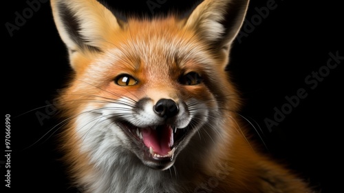 A close-up of a smiling red fox with vibrant fur against a dark background