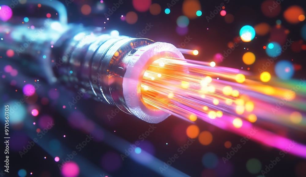 © GreenOptix - Close-up of an industrial optical fiber cable, vibrant light beams emanating from its core, fast data transfer between distant points in real-time