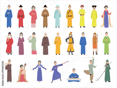 A collection of 25 cartoon illustrations of characters wearing ancient Chinese traditional costumes