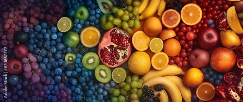 A colorful array of fruits including apples, bananas and pomegranates arranged in an artistic pattern. The background is a gradient from dark to light with various types of fruit scattered around it