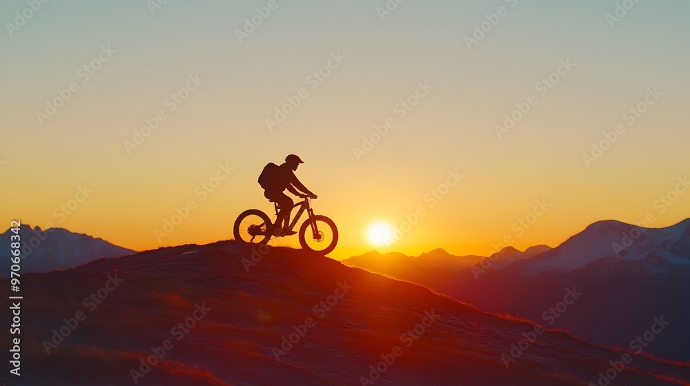 Silhouetted Cyclist Riding into the Sunset over Mountainous Landscape Silhouetted Cyclist Riding into the Sunset over Mountainous Landscape