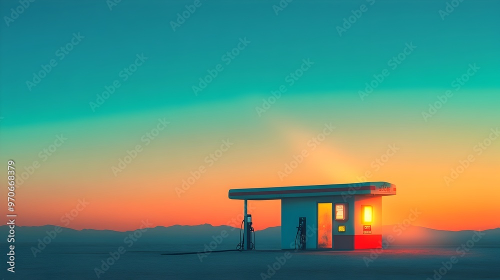 Silhouetted Desert Gas Station At Dawn With Sunlight Beams Peeking Over The Horizon Silhouetted Desert Gas Station At Dawn With Sunlight Beams Peeking Over The Horizon