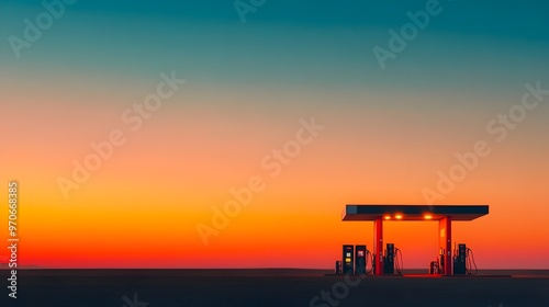 Silhouetted Desert Gas Station at Dawn with Sunlit Horizon