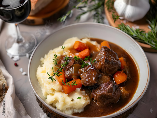 Savor the Flavor Beef Stew with Carrots Mashed Potatoes Thyme Photo