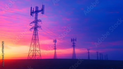 Silhouetted Mobile Signal Towers Transmitting Across Rural Landscape at Sunset photo