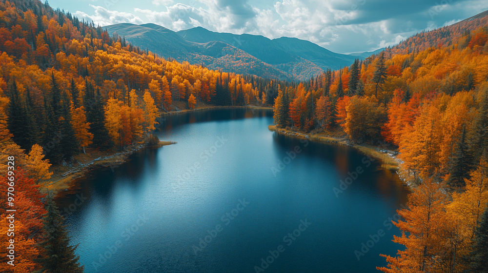 Fototapeta premium Tranquil mountain lake reflecting colorful autumn foliage and misty sky at sunrise