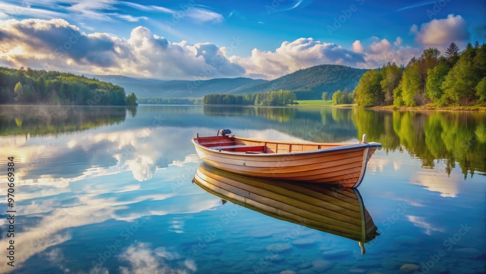Fototapeta Boat peacefully floating on calm lake , water, peaceful, tranquil, serene, relaxation, leisure, recreation, boating