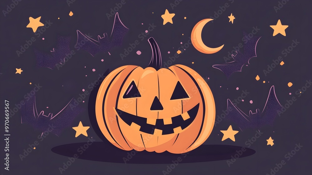 Flat abstract Halloween pumpkin surrounded by abstract bats, stars, and a crescent moon, all in simple geometric forms Flat abstract Halloween pumpkin surrounded by abstract bats, stars, and a crescent moon, all in simple geometric forms