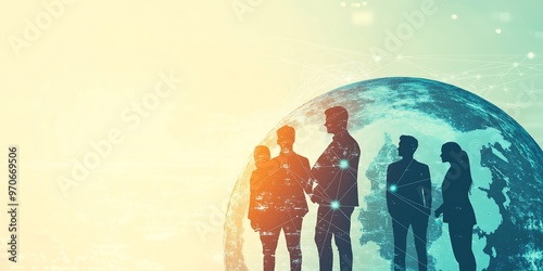 Business team standing in front of a digital globe, with a blue and white color scheme, in a corporate culture background image, using a double exposure photography technique