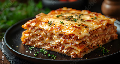 “Delicious Lasagna Served on a Black Plate Set Against a Dark Wooden Table, Highlighting Rich Layers of Pasta, Sauce, and Cheese in an Elegant and Cozy Dining Setting” 