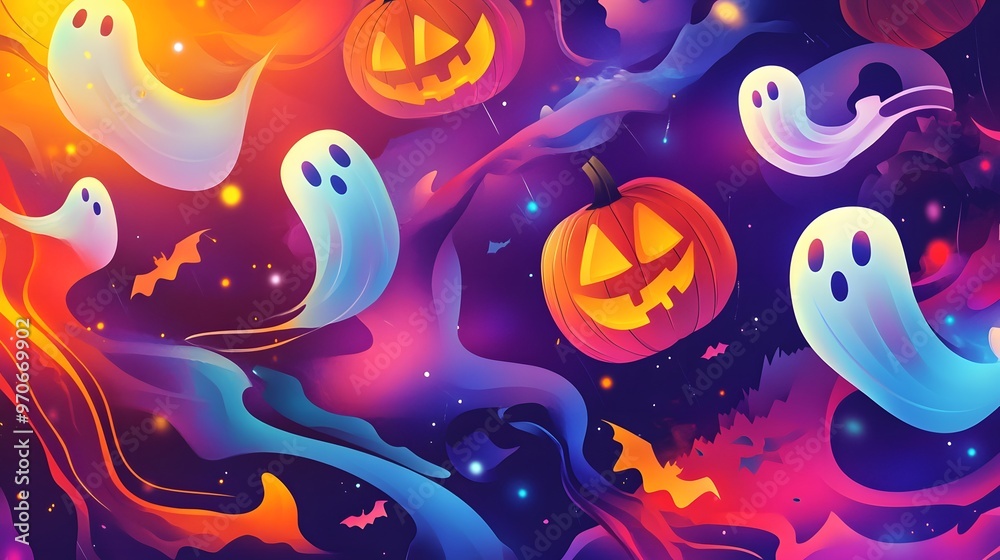 A vibrant 2D flat Halloween design with glowing pumpkins, abstract ghost shapes, and swirling wind in bright colors A vibrant 2D flat Halloween design with glowing pumpkins, abstract ghost shapes, and swirling wind in bright colors