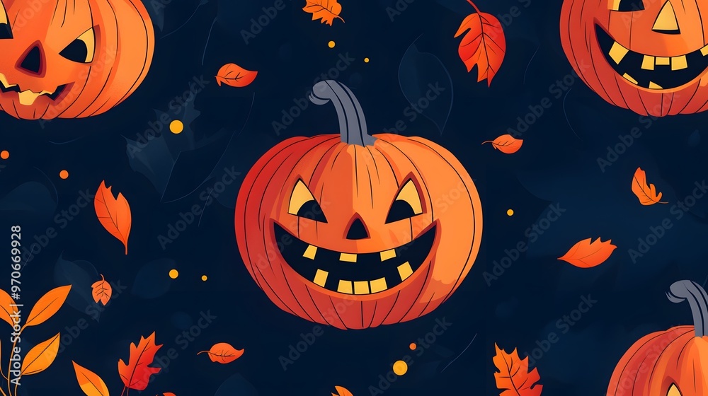 Playful flat abstract pumpkin design for Halloween, with cartoonish spooky faces and floating autumn leaves Playful flat abstract pumpkin design for Halloween, with cartoonish spooky faces and floating autumn leaves