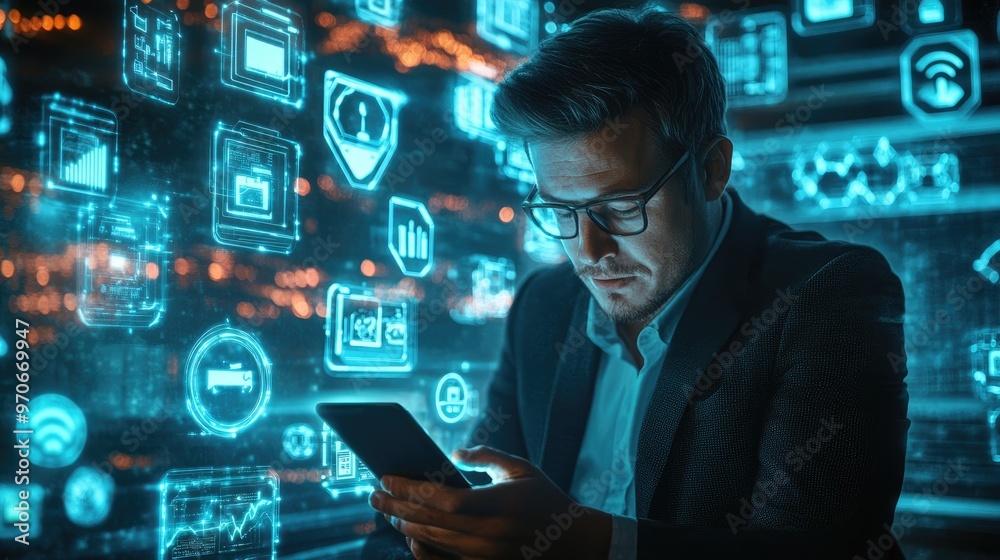 A young businessman with glasses uses his tablet in front of a wall of glowing digital icons and data. A young businessman with glasses uses his tablet in front of a wall of glowing digital icons and data.