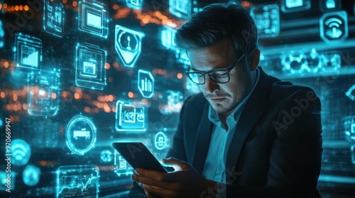 A young businessman with glasses uses his tablet in front of a wall of glowing digital icons and data.