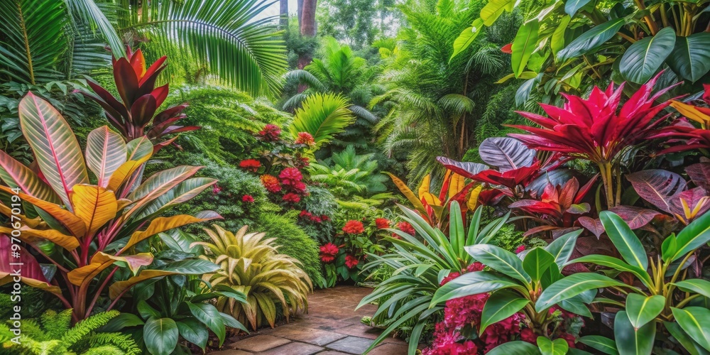 Vibrant photo of various tropical plants in a botanical garden, botanical, greens, lush, foliage, exotic, vibrant Vibrant photo of various tropical plants in a botanical garden, botanical, greens, lush, foliage, exotic, vibrant