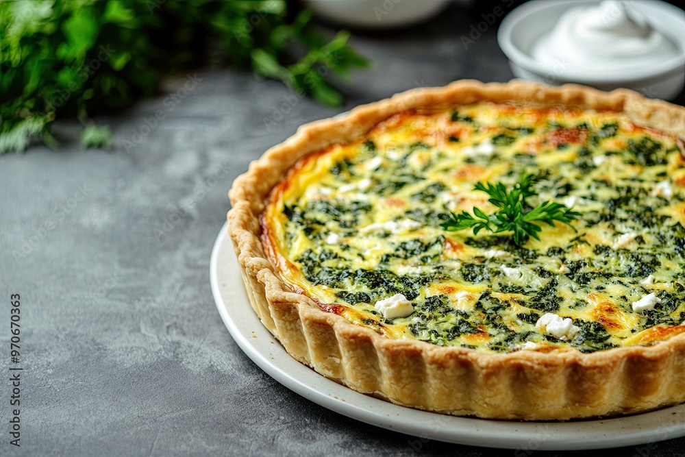 Savory spinach quiche on a plate with herbs. Savory spinach quiche on a plate with herbs.