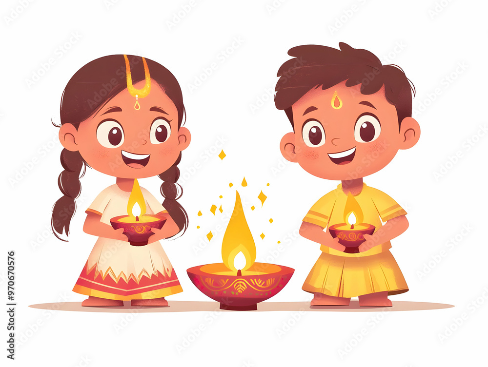 Flat Vector Illustration of Children Joyfully Playing with Diwali Lamps, Capturing Innocence and Festive Excitement for Banners Celebrating Diwali Spirit Flat Vector Illustration of Children Joyfully Playing with Diwali Lamps, Capturing Innocence and Festive Excitement for Banners Celebrating Diwali Spirit