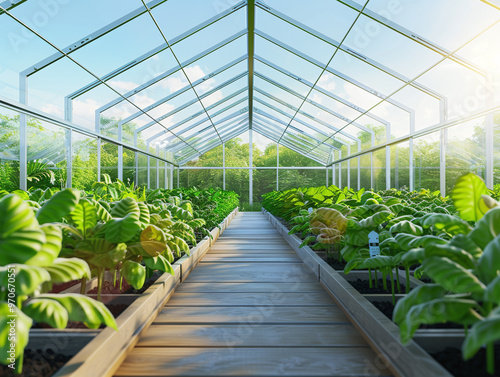 A photo of a solar-powered greenhouse filled with plants